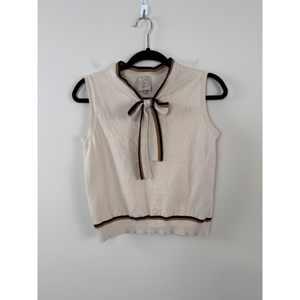 Sloane Sweater Vest Womens XS Cream Bow Neck Striped Trim Preppy Knit Top